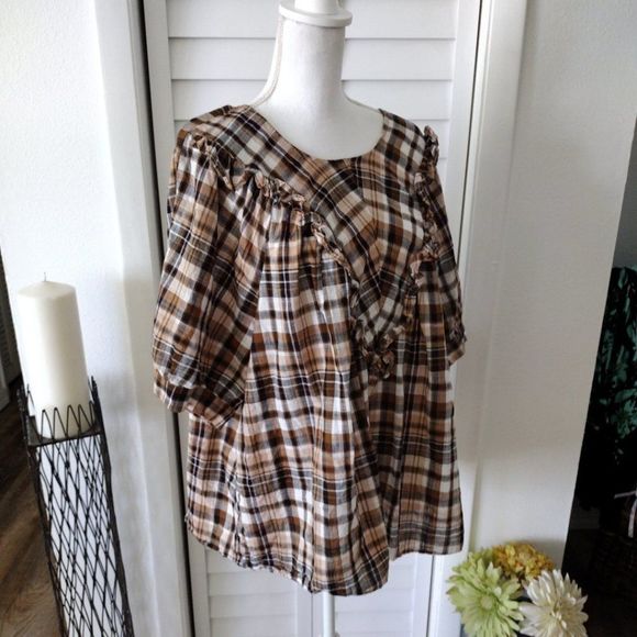 EUC 3X Terra & Sky Plaid Ruffle-Front Short-Sleeve Blouse, 100% Cotton - Picture 4 of 11